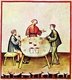 Iraq / Italy: Red wine and conversation - the publican. Illustration from Ibn Butlan's Taqwim al-sihhah or 'Maintenance of Health' (Baghdad, 11th century) published in Italy as the Tacuinum Sanitatis in the 14th century